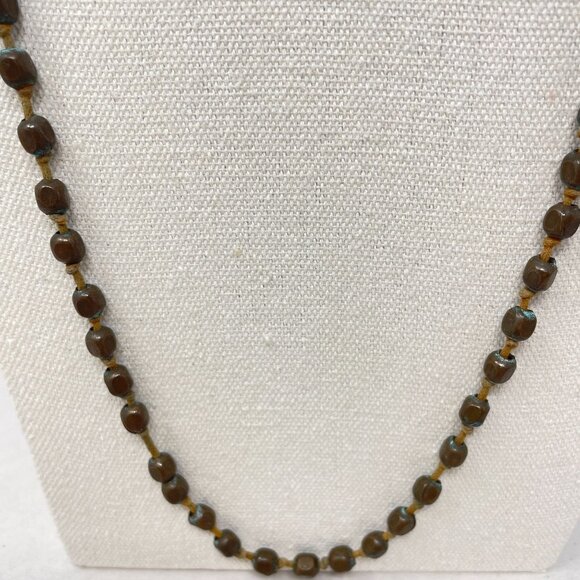 Brass Hollow Bead Necklace Long Length Patina Boho Vintage Hippie - Picture 2 of 10